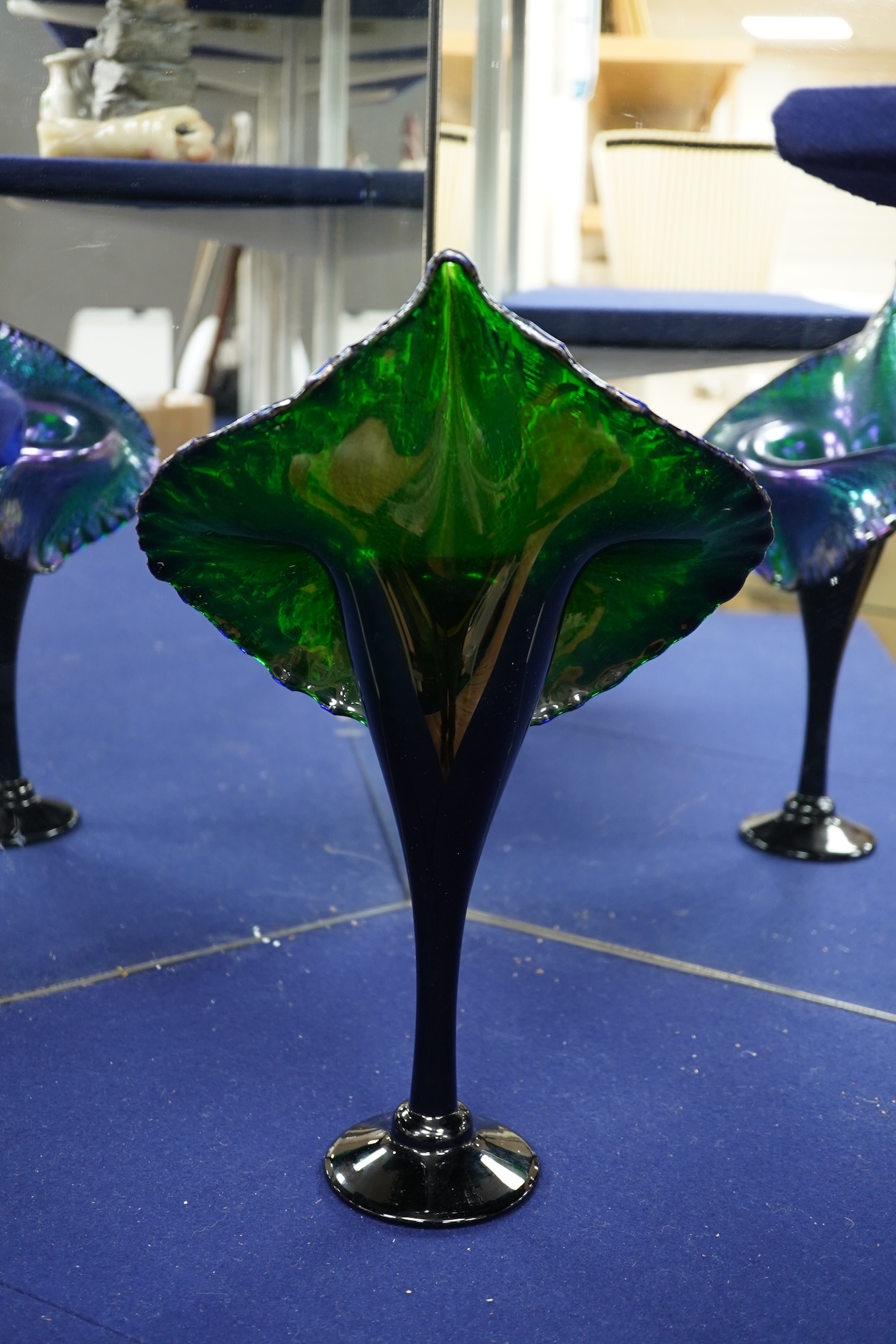 An Isle of Wight iridescent glass vase, Richard Golding Okra Luxor vase and Jack in Pulpit the box vase (3) tallest 38.5cm